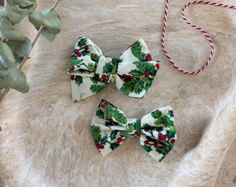Red And Green Holly Christmas Hair Clip | Festive Winter Hand Tied Or Traditional Bow
