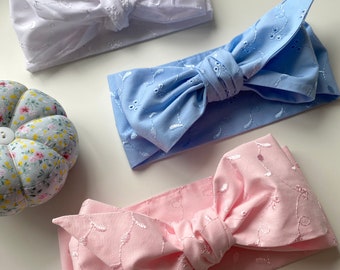Handmade Broderie Anglaise Headwrap | Pink, Blue, White Hair Wrap For Baby