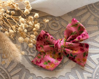 Pink Floral Hand-Tied Bow Hair Clip | Handmade Flower Hair Accessory | Cottagecore Style