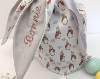 Personalised Peter Rabbit Bunny Ears Treat Bag |  Easter Draw String Bag With Any Name or Text