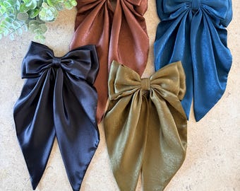 Large Black, Green, Brown, Turquoise Silk Double Bow Long Tailed Hair Clip