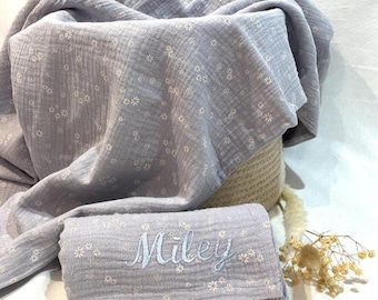 Personalised Muslin cloth,  Baby Blanket, Daisy Print, Embroidered Burp Cloth,