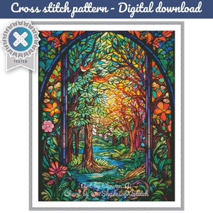 Stained Glass Window Summer Forest Full Coverage Counted Cross Stitch Pattern Digital PDF Compatible with Pattern Keeper App.