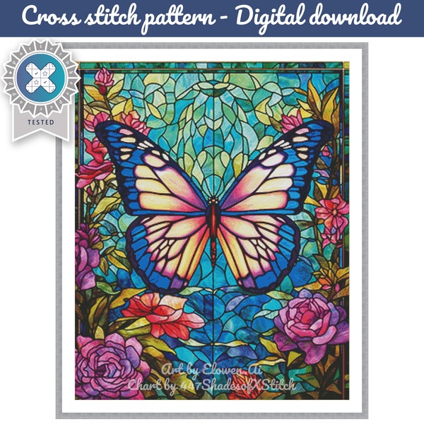 Vitrail papillon et fleurs motif de point de croix compté couverture complète PDF numérique compatible avec l'application Pattern Keeper.