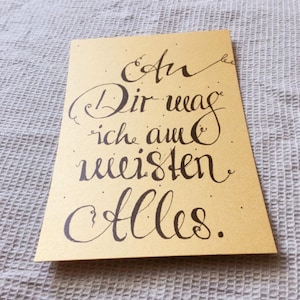 Postkarte 'An dir mag ich am meisten alles' Goldkarton, gold, Naturpapier, Illustration, Handlettering