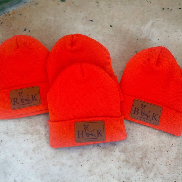 Hunting Stocking Cap Leather Patch beanie cap deer hunter stocking cap neon orange stocking cap with deer leather patch