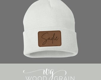 Personalized Leather Patch Beanie Cap | Personalized Stocking Cap with Script Name