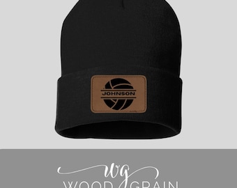Volleyball Stocking Cap with last name Leather Patch beanie cap personalized stocking cap school color stocking cap with leather patch