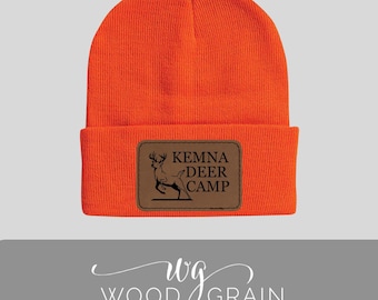 Hunting Deer Camp Stocking Cap Leather Patch beanie cap deer camp stocking cap neon orange stocking cap with deer leather patch