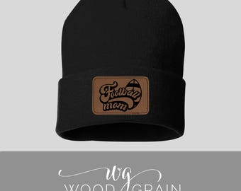 Football mom Stocking Cap with Leather Patch beanie cap stocking cap team color stocking cap with leather patch