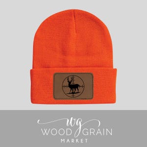 Deer Hunting Stocking Cap Leather Patch beanie cap deer camp stocking cap neon orange stocking cap with deer in sights leather patch