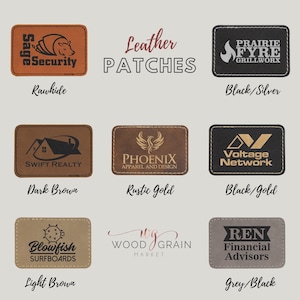 May include: A collection of rectangular leather patches in various colors, including rawhide, dark brown, rustic gold, light brown, and grey. Each patch features a unique logo or text, such as "Sage eSecurity" and "Prairie Fyre Grillworx". The text "Leather PATCHES" is also displayed.