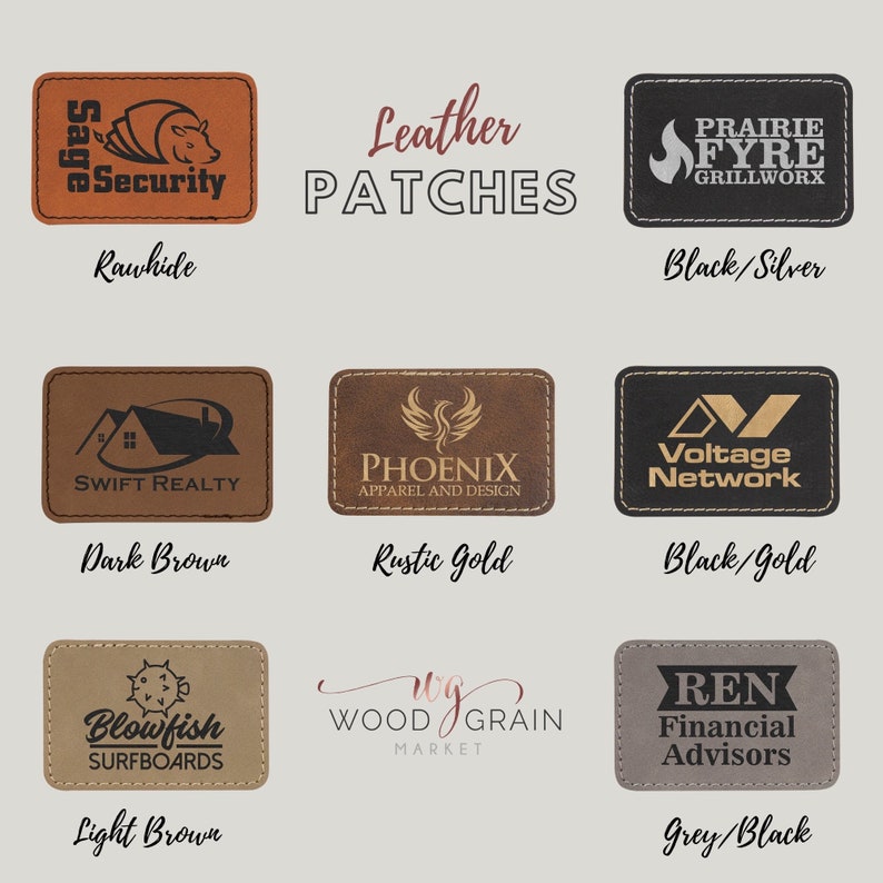 May include: A collection of rectangular leather patches in various colors, including rawhide, dark brown, rustic gold, light brown, and grey. Each patch features a unique logo or text, such as "Sage eSecurity" and "Prairie Fyre Grillworx". The text "Leather PATCHES" is also displayed.
