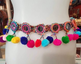 Ethnic belt with mirrors and pompoms or rattles, Boho belt, hippie belt