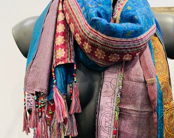 Patchwork silk scarf with fringes