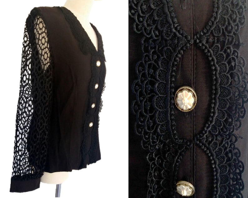 Vintage 80/'s Black Shirt with Shoulder Pads Button Down Shirt Black Rayon Blouse with Border Lace Long Lace Sleeve
