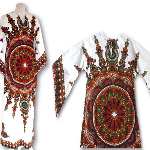Dashiki Caftan Dress, 70&#39;s White Kaftan Dress, Ethnic Style Dress, Tribal Batik Maxi Dress, Boho Hippie Dress, Belled Sleeve Cotton Tunic