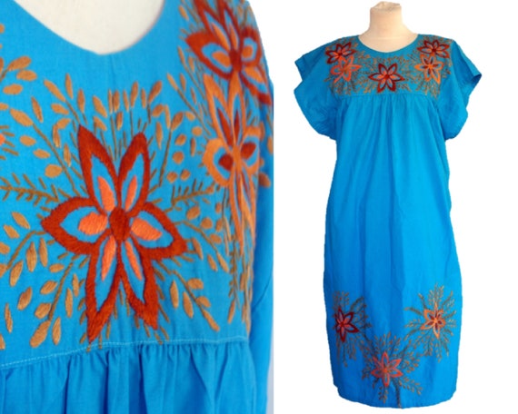 Vintage 60s Embroidered Floral Dress, Cotton Hipp… - image 1