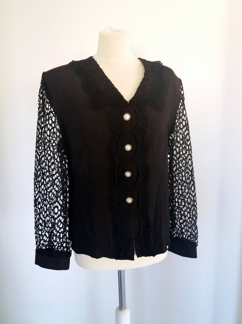 Vintage 80/'s Black Shirt with Shoulder Pads Button Down Shirt Black Rayon Blouse with Border Lace Long Lace Sleeve