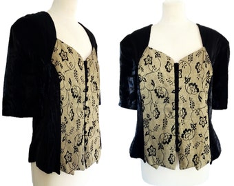 Vintage 80's Black and Gold Blazer, Short Sleeves Blouse, Floral Pattern