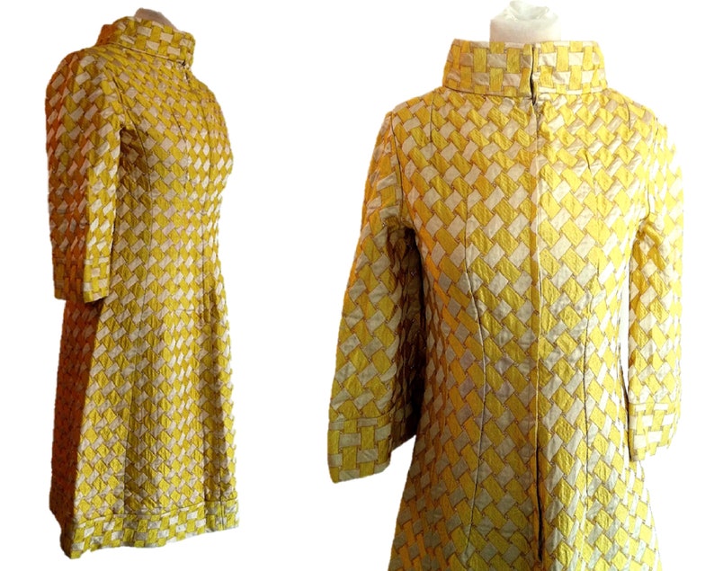 Gold and White Dress Criss-Cross Pattern High Collar Long-Sleeve Dress Vintage 1960s Yellow