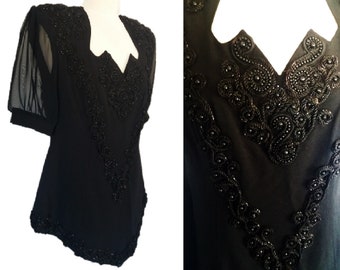 Black Lace Blouse, Vintage 80's Shirt, Border Lace with Beads, Short Sleeve shirt, Lace Shirt with Shoulder Pads