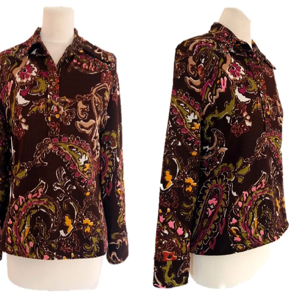 Brown Floral Shirt, Vintage 70's Button Down Blouse, Long Sleeve