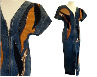 Vintage 80&#39;s Dark Blue Denim Jeans Dress Brown Leather Imitation Decor