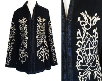 Embroidered Jacket, Black Embroidered Coat, Black Coat with Gray Embroidery