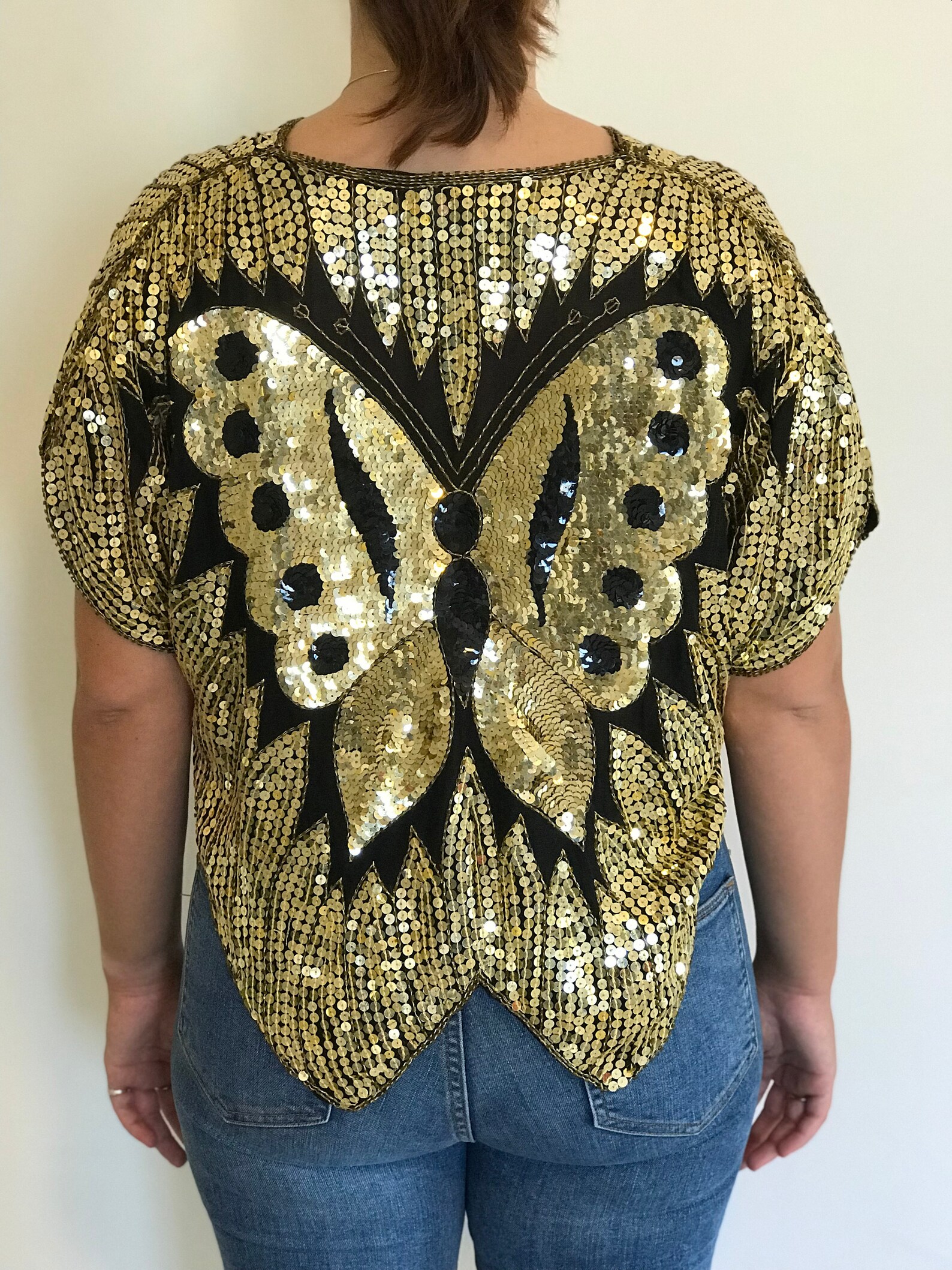 Western Fashion 2892-WHT-MDL Sequin Butterfly Top With Satin Straps&#44