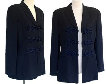 Blue Navy Blazer, Blue Jacket with Appliqué, Vintage 90's, Blue Jacket with Shoulder Pads