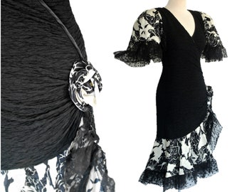 Vintage 80's Black Dress, Black Dress with Floral and Lace Ruffled, Dress with Rose Decoration Design, Black Dress with Shoulder Pads