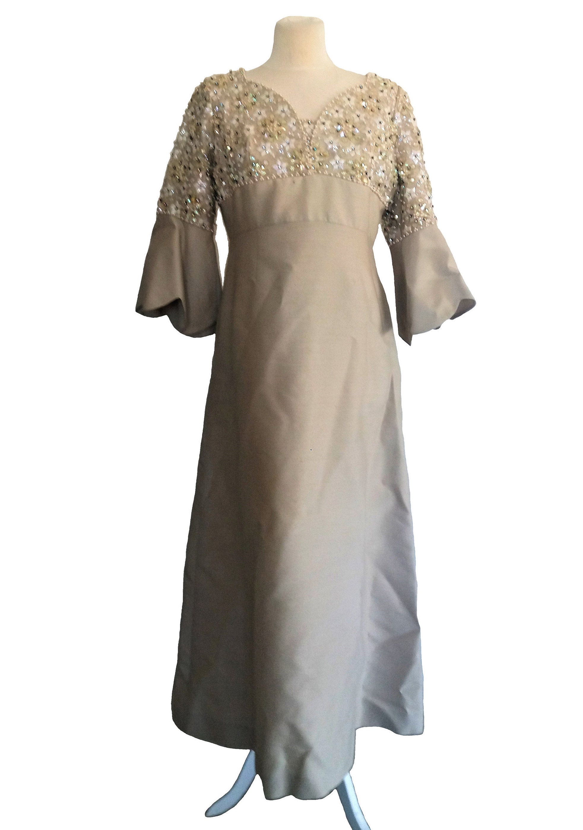1960's Louisa Zee Designer Beaded Beige Dress, Cocktail