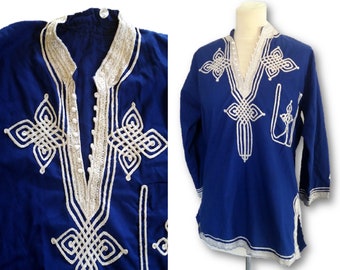 70's Blue Tunic Shirt with White Embroidery, Ethnic Boho Top