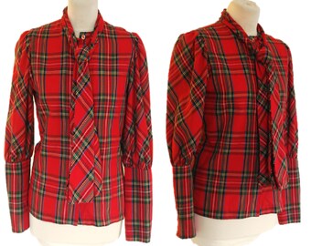 Vintage 70's Tie Neck Shirt, Plaid  Shirt, Button Down Blouse, Joy Stevens California