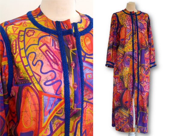 Vintage 70's, Psychedelic Maxi Dress, Vintage Nig… - image 1