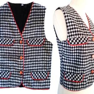 Vintage Checkered Vest, Black and White Checkered Vest with Red Trim, Plaid Vest, Check Vest, Waistcoat, Waist Coat