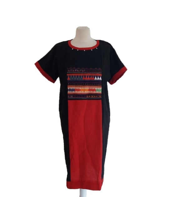 Vintage 70's  Black and Red Dress With  Embroider… - image 2