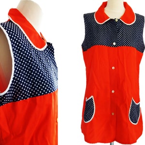 Vintage 1980s  Red  & Blue Polyamide Shirt, Nylon Shirt, Button Down Blouse