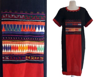 Vintage 70's  Black and Red Dress With  Embroidery, Ethnic Embroidered Bohemian Dress, with Little Jingle Bells, Hand embroidered