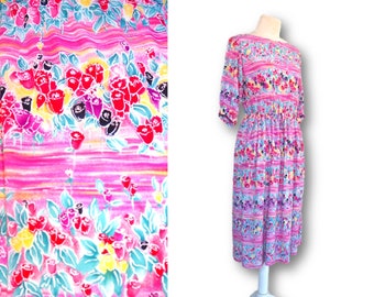 Vintage 80's Floral Dress, Half Sleeve, Midi Dress