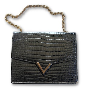 Vintage 60&#39;s Black Leather Sholder Bag, Black Leather Purse, Shoulder Bag , Croc Embossed ,Shiny Bag