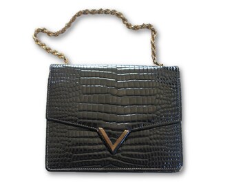 Vintage 60's Black Leather Sholder Bag, Black Leather Purse, Shoulder Bag , Croc Embossed ,Shiny Bag