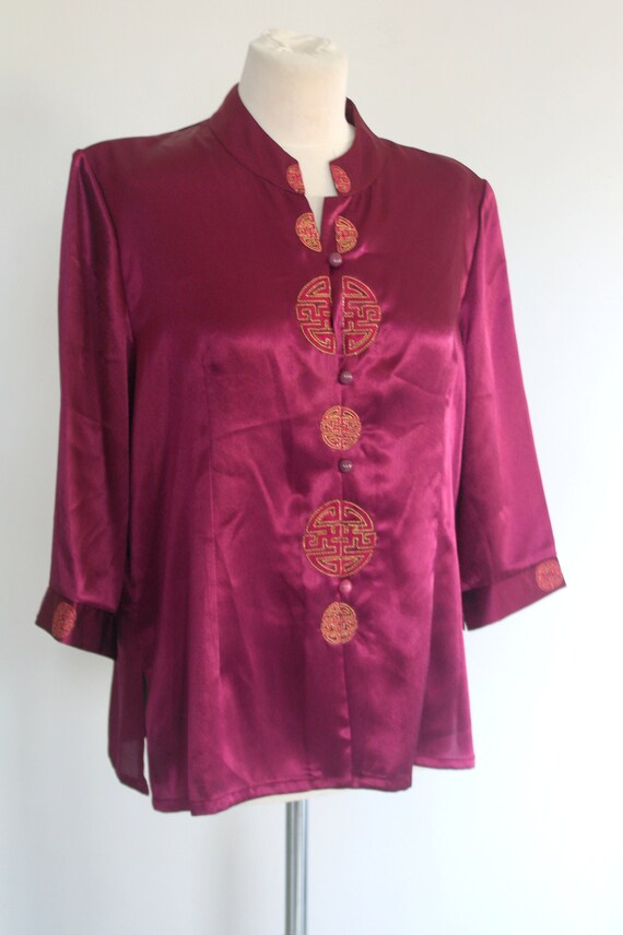 Neon Purple Blous, Chinese Style Purple Satin, As… - image 2