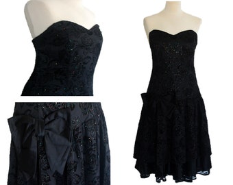 Corset Dress, Strapless Dress, Vintage 80's Corset Dress, Black Dress, Glitter Dress, Sparkly Dress, C&A Size 42