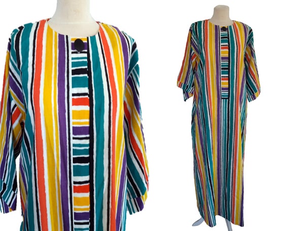 Evelyn Pearson Colorful Striped Maxi Dress, Hippy Bohemian Dress, Long Dress, Snap Front Dress, Size L