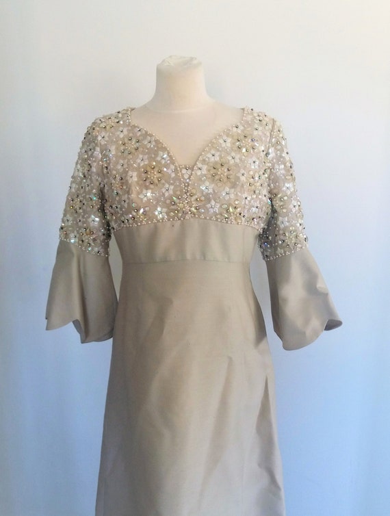 1960's Louisa Zee Designer Beaded Beige Dress, Cocktail Dress,  Evening Maxi Dress View 3