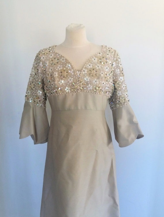 1960's Louisa Zee Designer Beaded Beige Dress, Co… - image 3