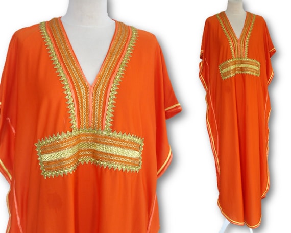 Moroccan Kaftan, 70's Orange Kaftan Dress, Galabiy