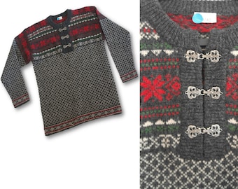 Vintage NORWAY Sweater, 100% Wool Nordic Ski Sweater, Gray Sweater, Wool Sweater